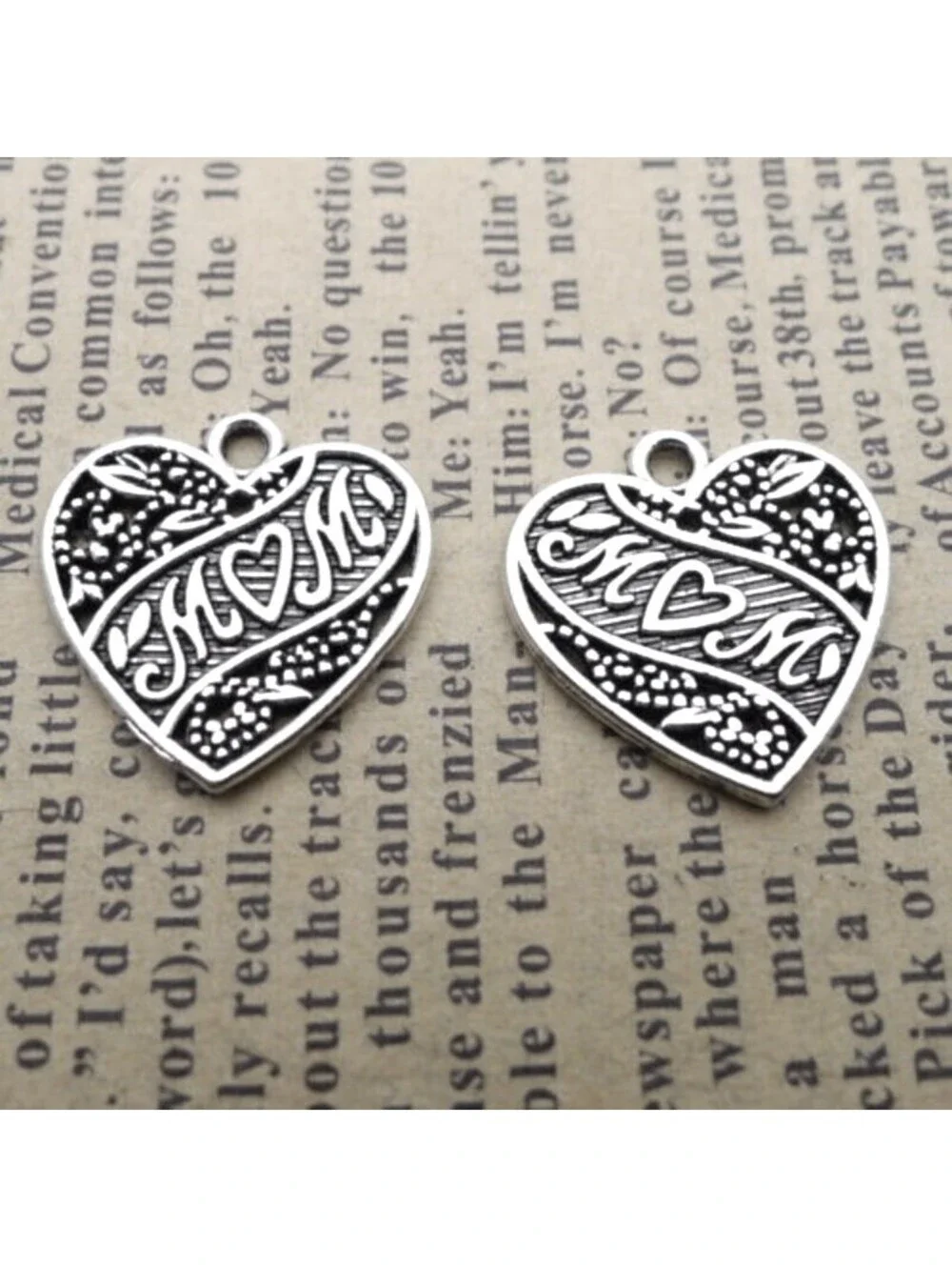 Antique Silver Plated Art Nouveau Mom Heart Charms Pendants 2 pcs